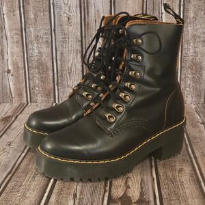 Dr. Martens Black Platform Lace-Up Heeled Boots with Yellow Stitching